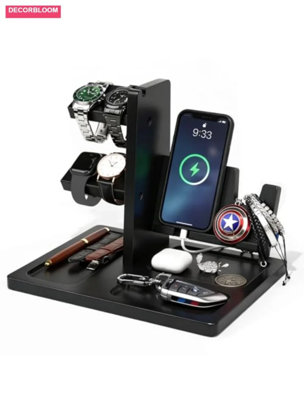 Solid Wood Watch Stand with Challenge Coin Display & Valet Tray, 5-Watch